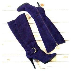Worthington Chantal purple heeled boots with gold buckle